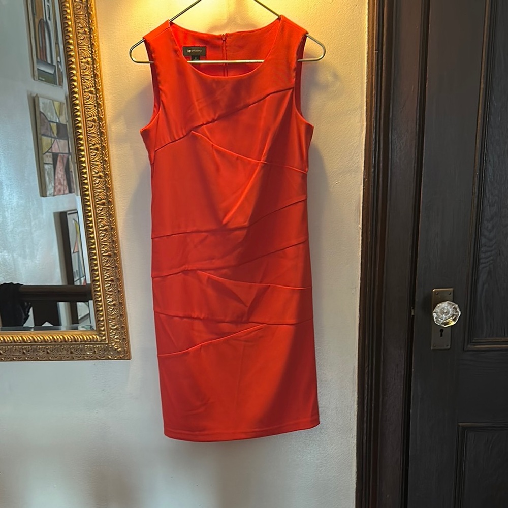 Orange Pleated Sheath Midi Dress
